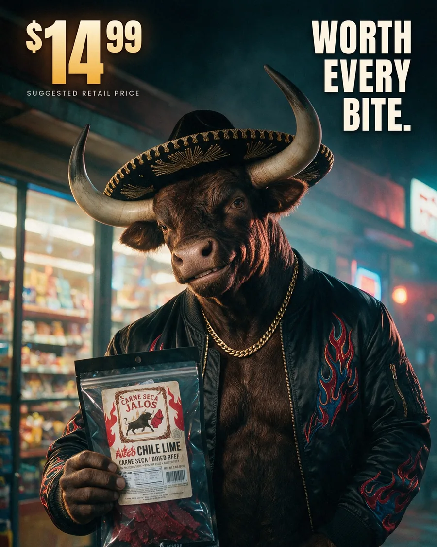 Anuncio de Arkimidez para Carne Seca Jalos con precio sugerido